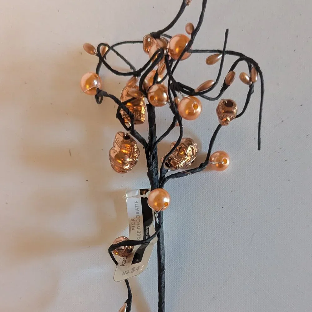 NWT 3 Goth Skulls Pearls Orange Halloween Decoration Floral Picks Ashland Decor